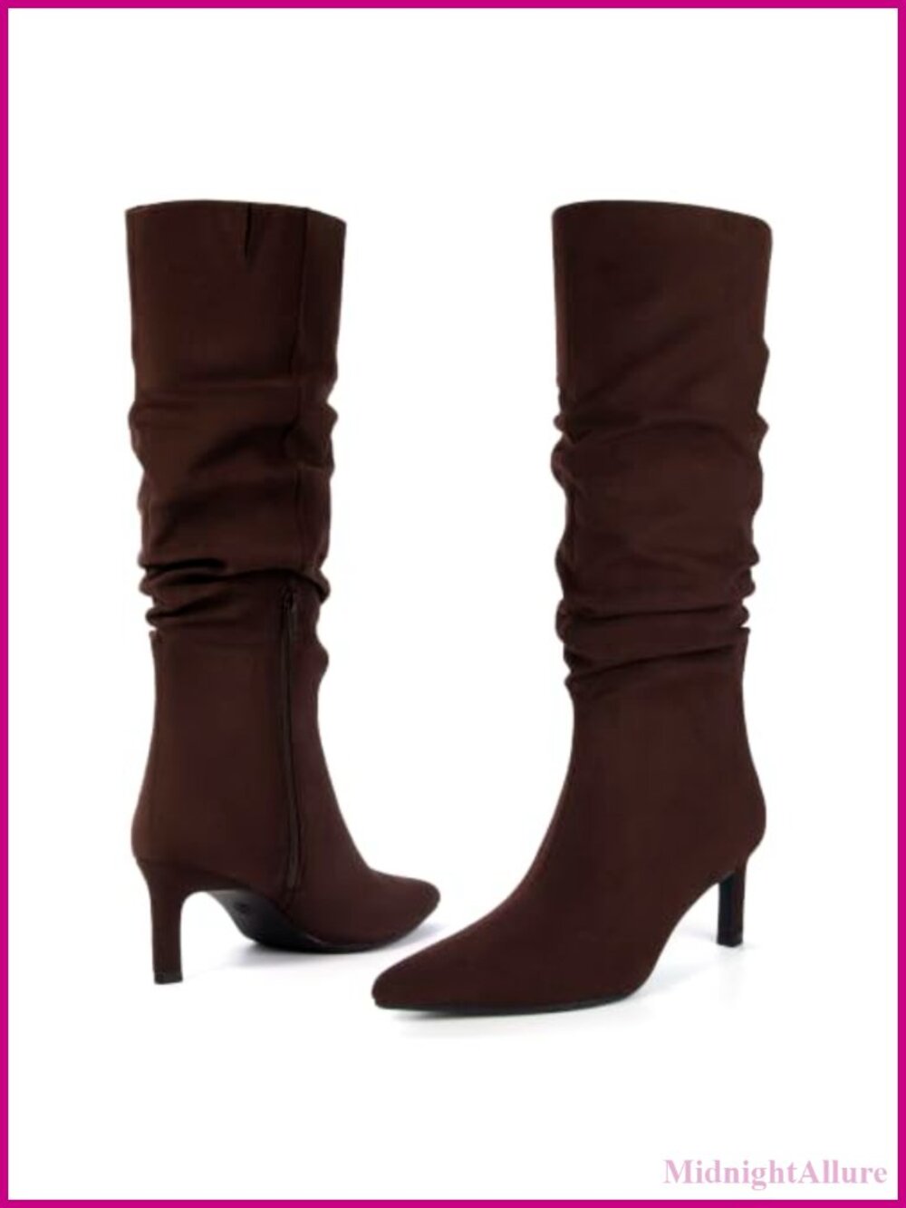 Faux Suede Pointed Toe Knee High Kitten Heel Boots Wide Calf